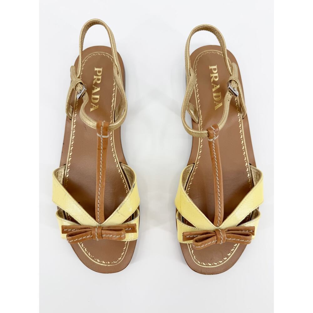 Prada Sandals Yellow Leather Bow T Strap Flat Gladiator Slingback Italy 36.5
